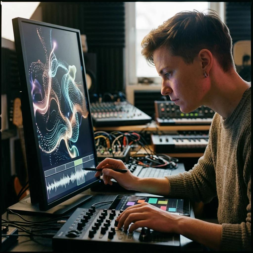 Independent musician shaping an AI music idea in a bright home studio