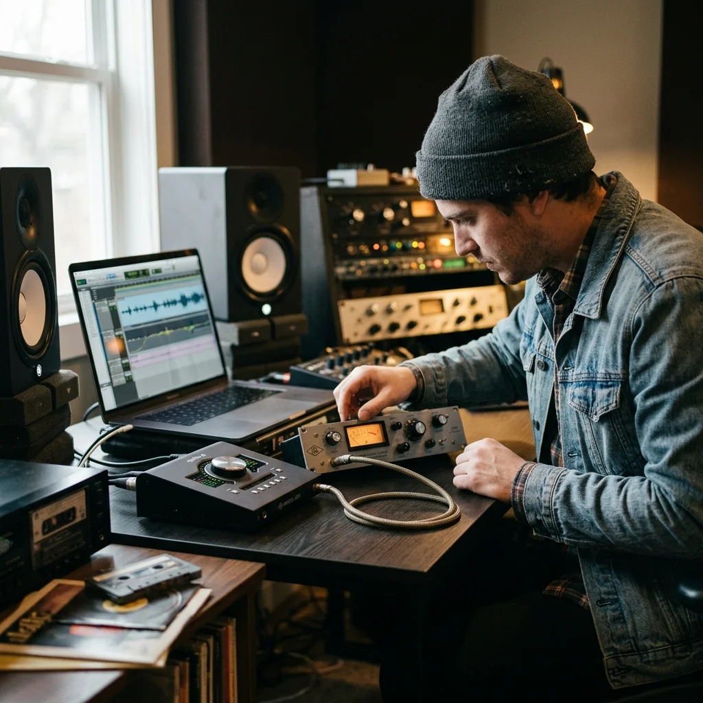 Independent musician shaping an AI music idea in a bright home studio