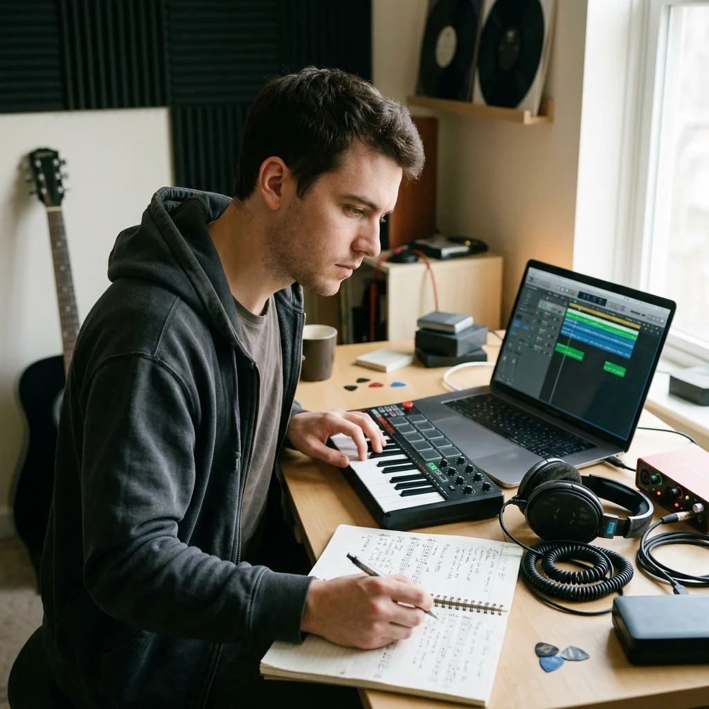 Independent musician shaping an AI music idea in a bright home studio