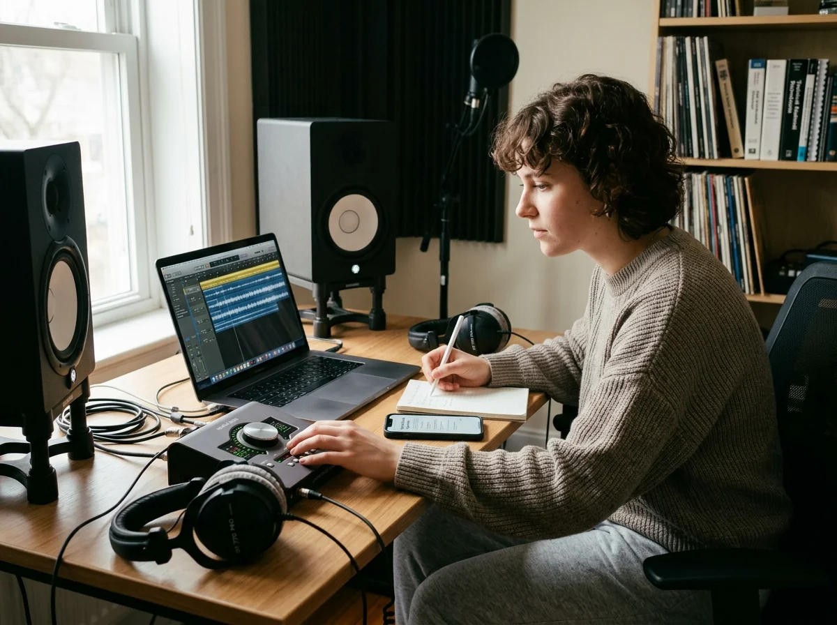 Creator editing a music video with waveform and caption timeline