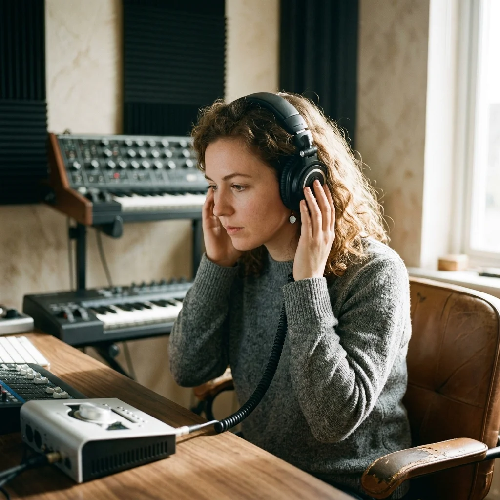 Independent musician shaping an AI music idea in a bright home studio