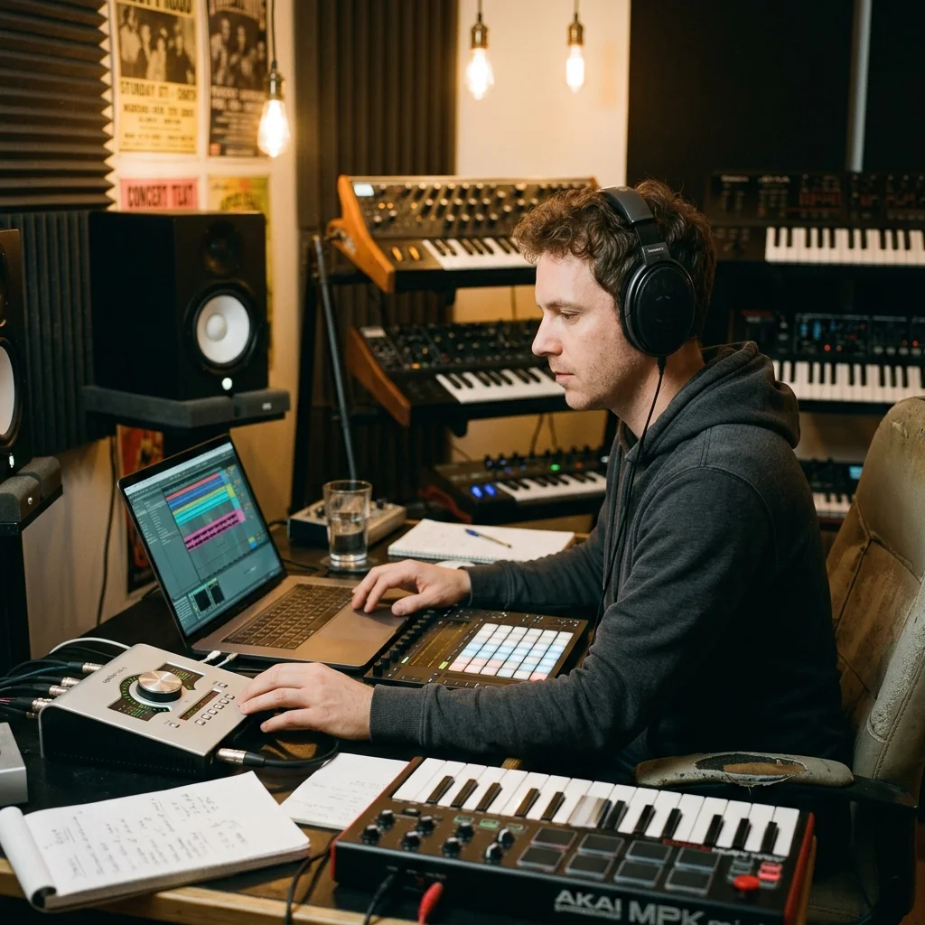 Beat producer tapping a drum pad controller for a new genre idea