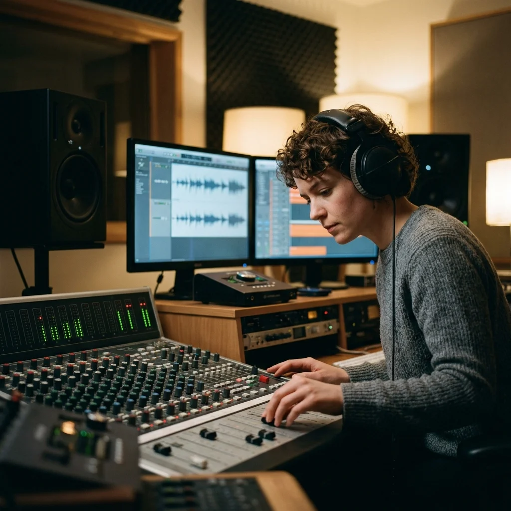 Independent musician shaping an AI music idea in a bright home studio