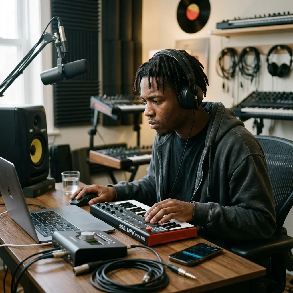 Beat producer tapping a drum pad controller for a new genre idea