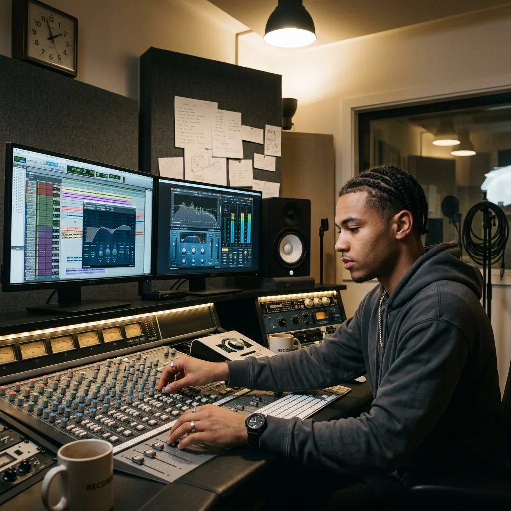 Independent musician shaping an AI music idea in a bright home studio
