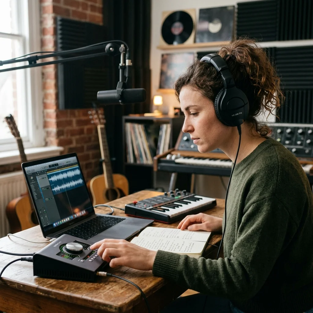 Audio engineer separating vocal and instrumental stems in a clean studio