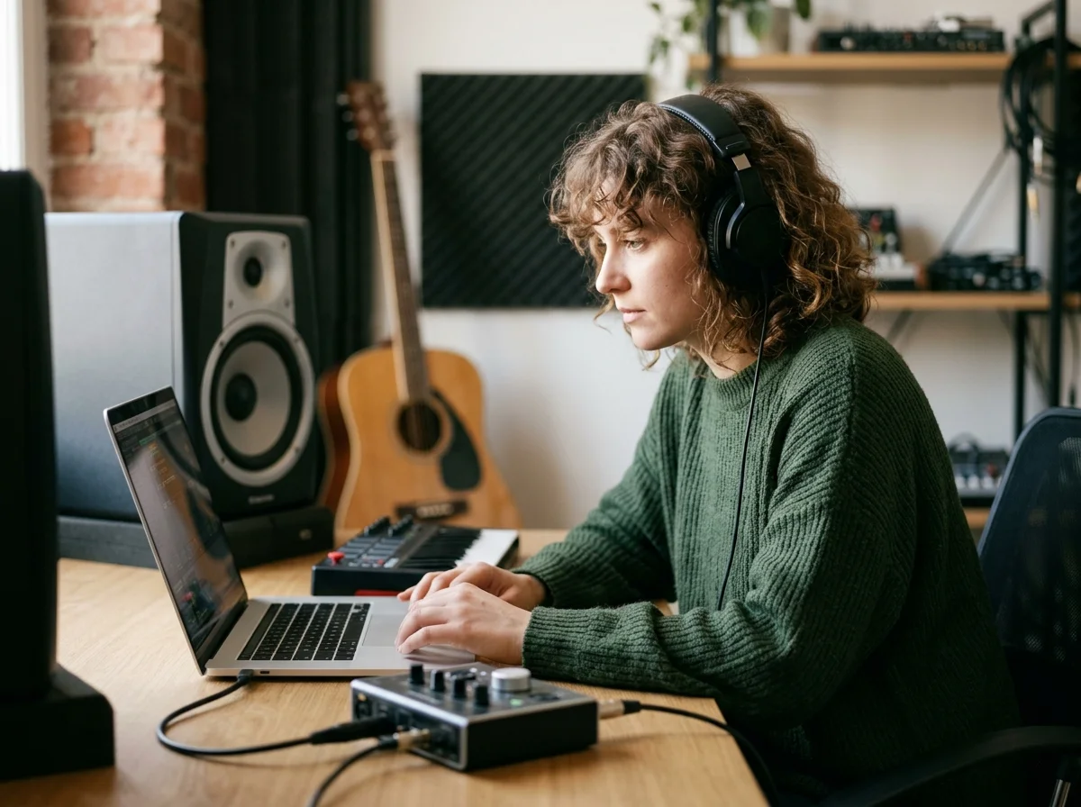 Independent musician shaping an AI music idea in a bright home studio