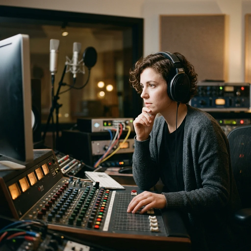 Audio engineer separating vocal and instrumental stems in a clean studio