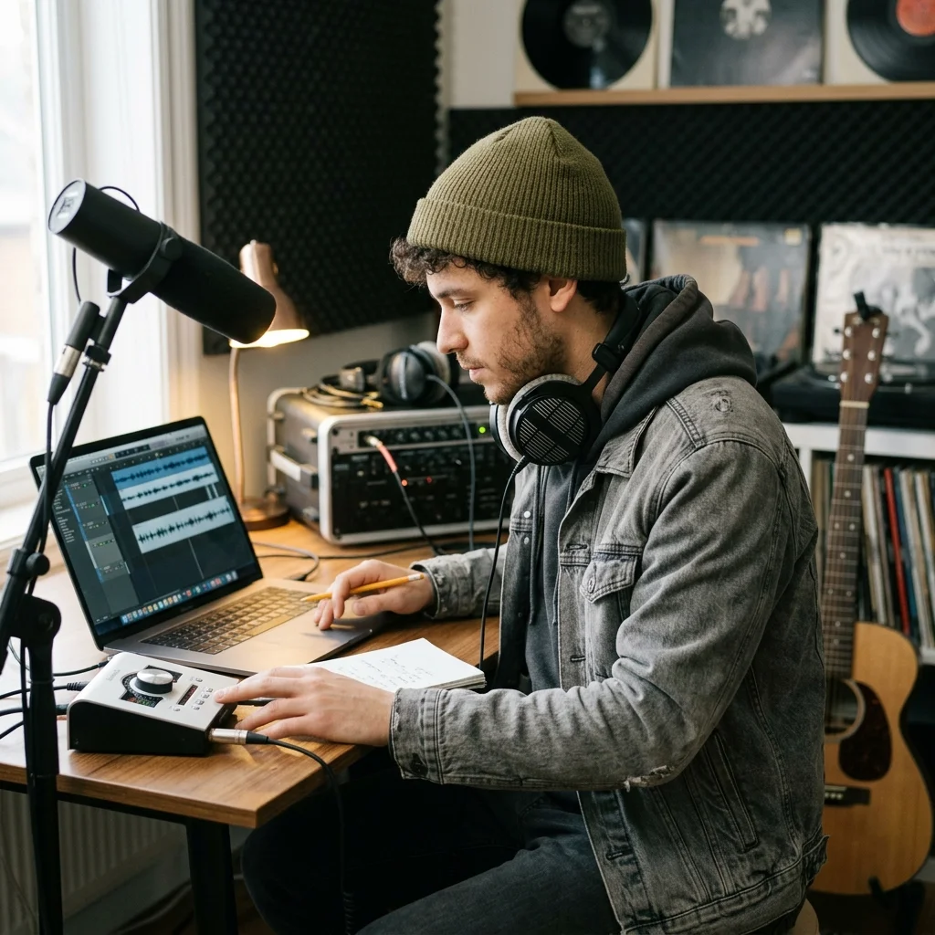 Audio engineer separating vocal and instrumental stems in a clean studio