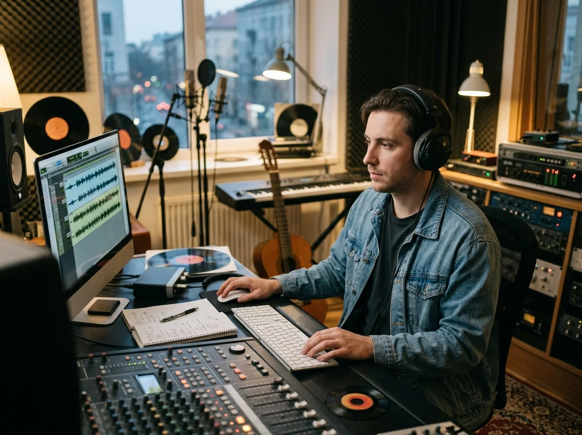 Independent musician shaping an AI music idea in a bright home studio