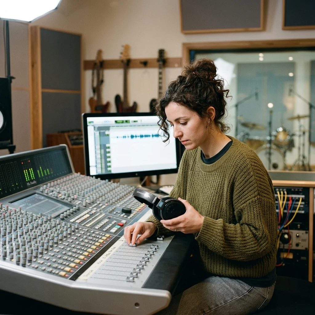Audio engineer separating vocal and instrumental stems in a clean studio