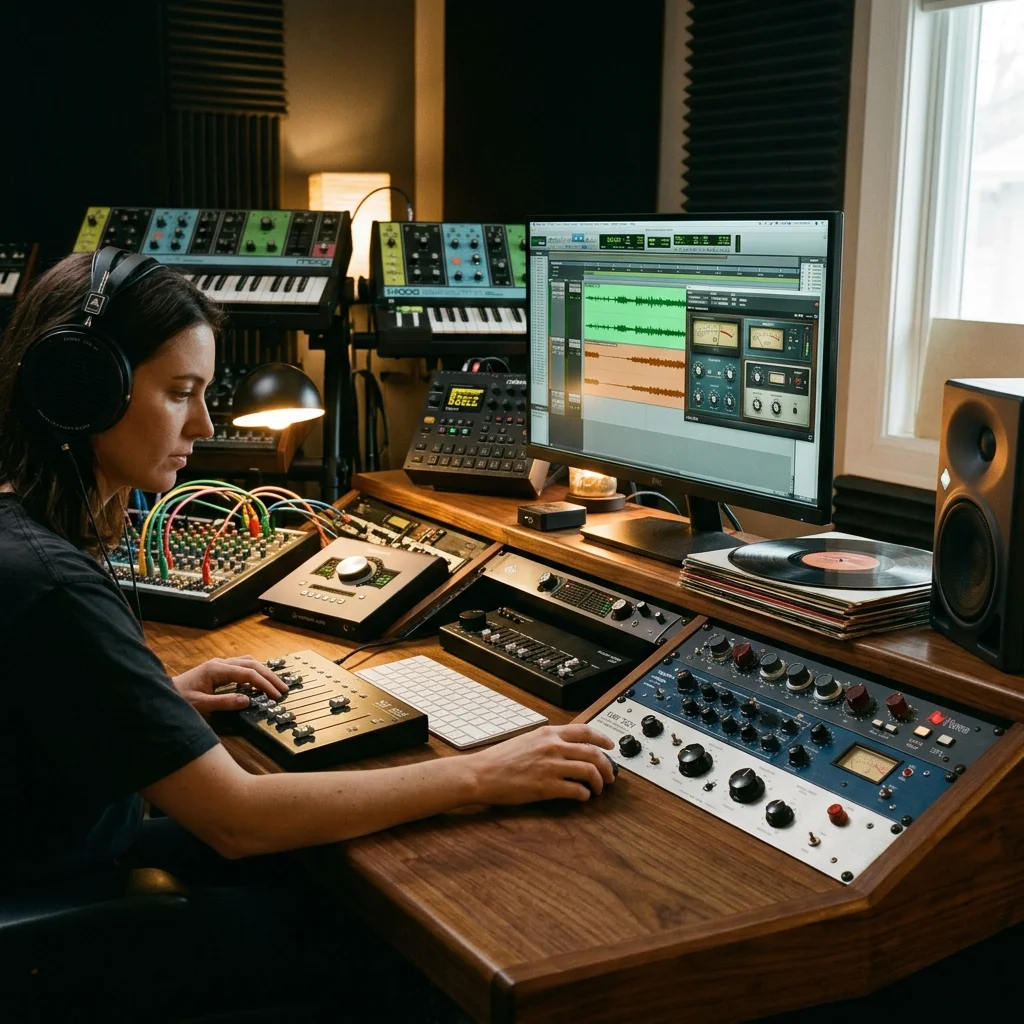 Sound designer analyzing BPM key and pitch before editing audio