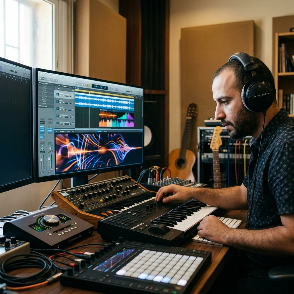 Creator editing a music video with waveform and caption timeline