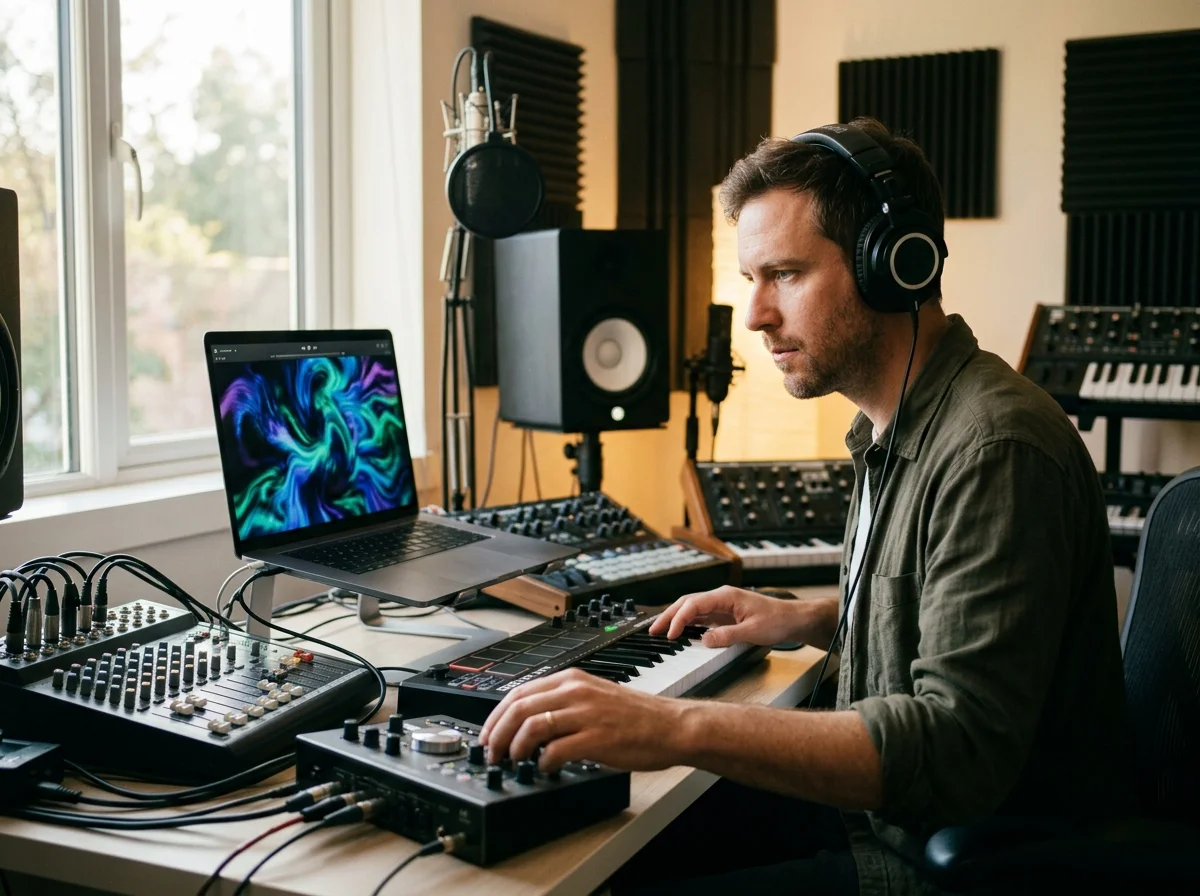 Creator editing a music video with waveform and caption timeline