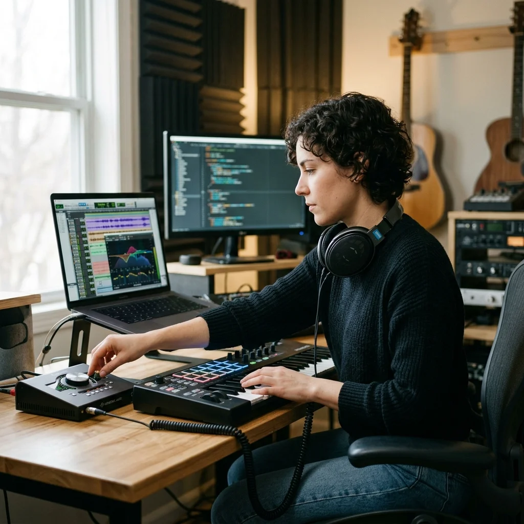 Creator editing a music video with waveform and caption timeline