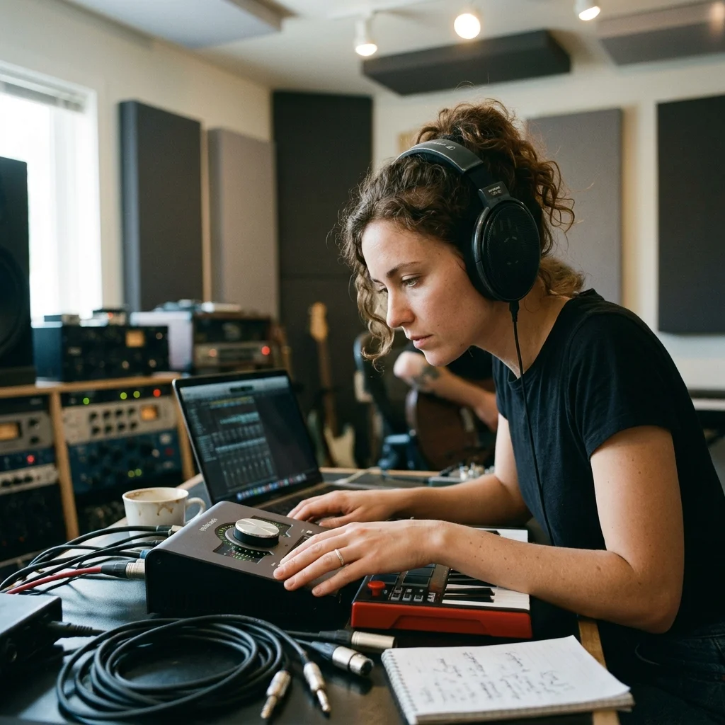 Independent musician shaping an AI music idea in a bright home studio