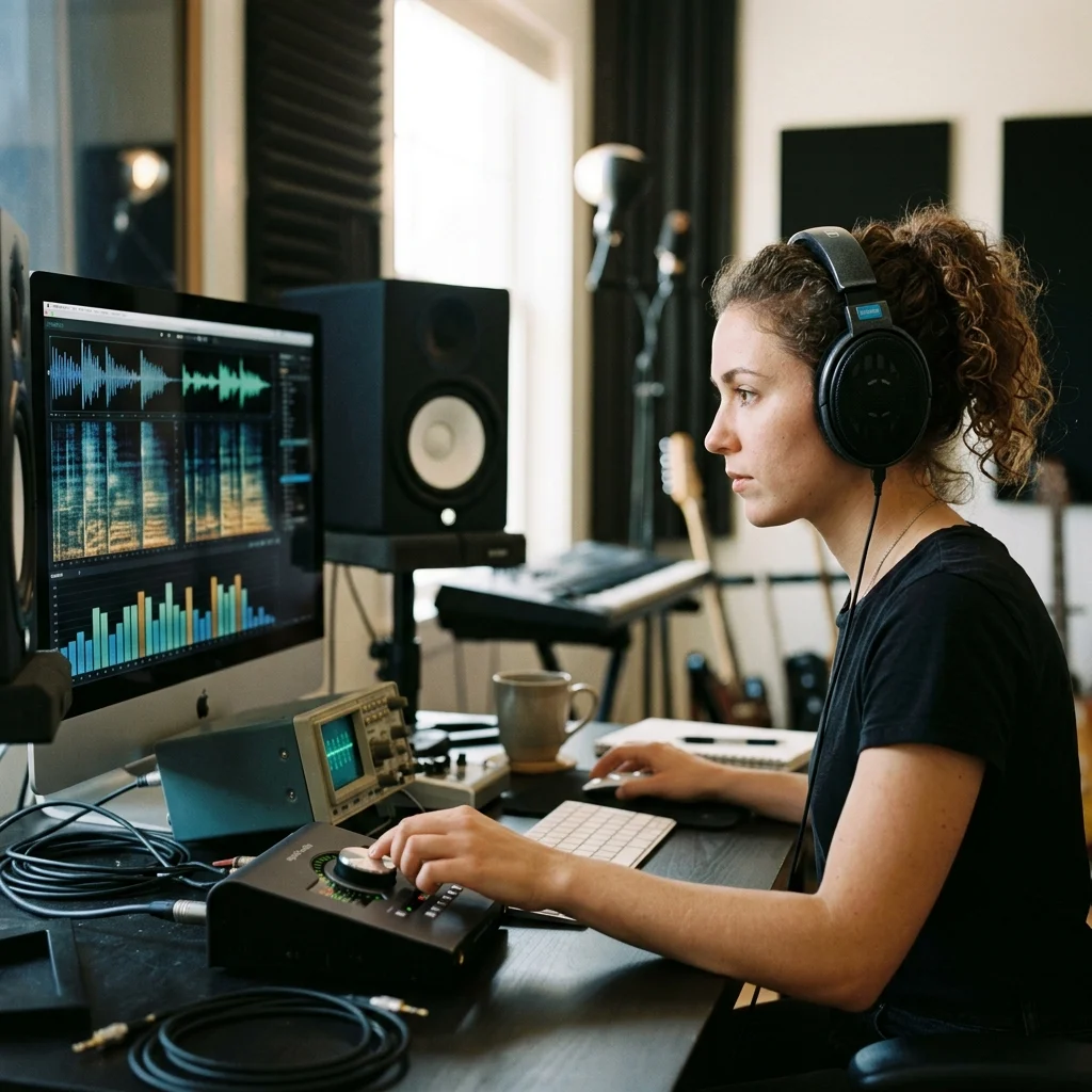 Sound designer analyzing BPM key and pitch before editing audio