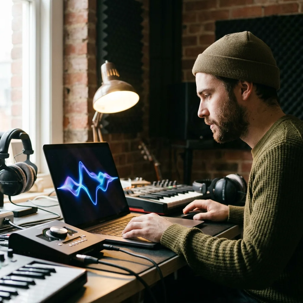 Independent musician shaping an AI music idea in a bright home studio