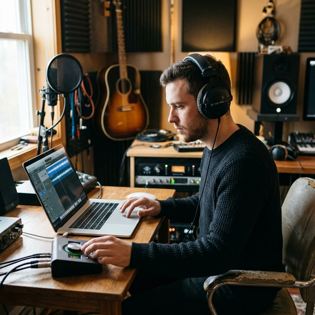 Audio engineer separating vocal and instrumental stems in a clean studio