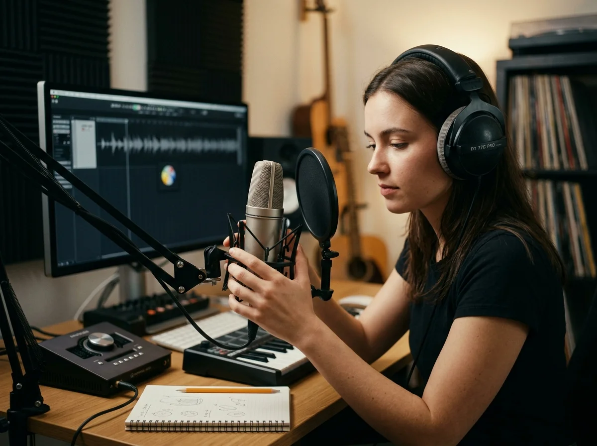 Independent musician shaping an AI music idea in a bright home studio
