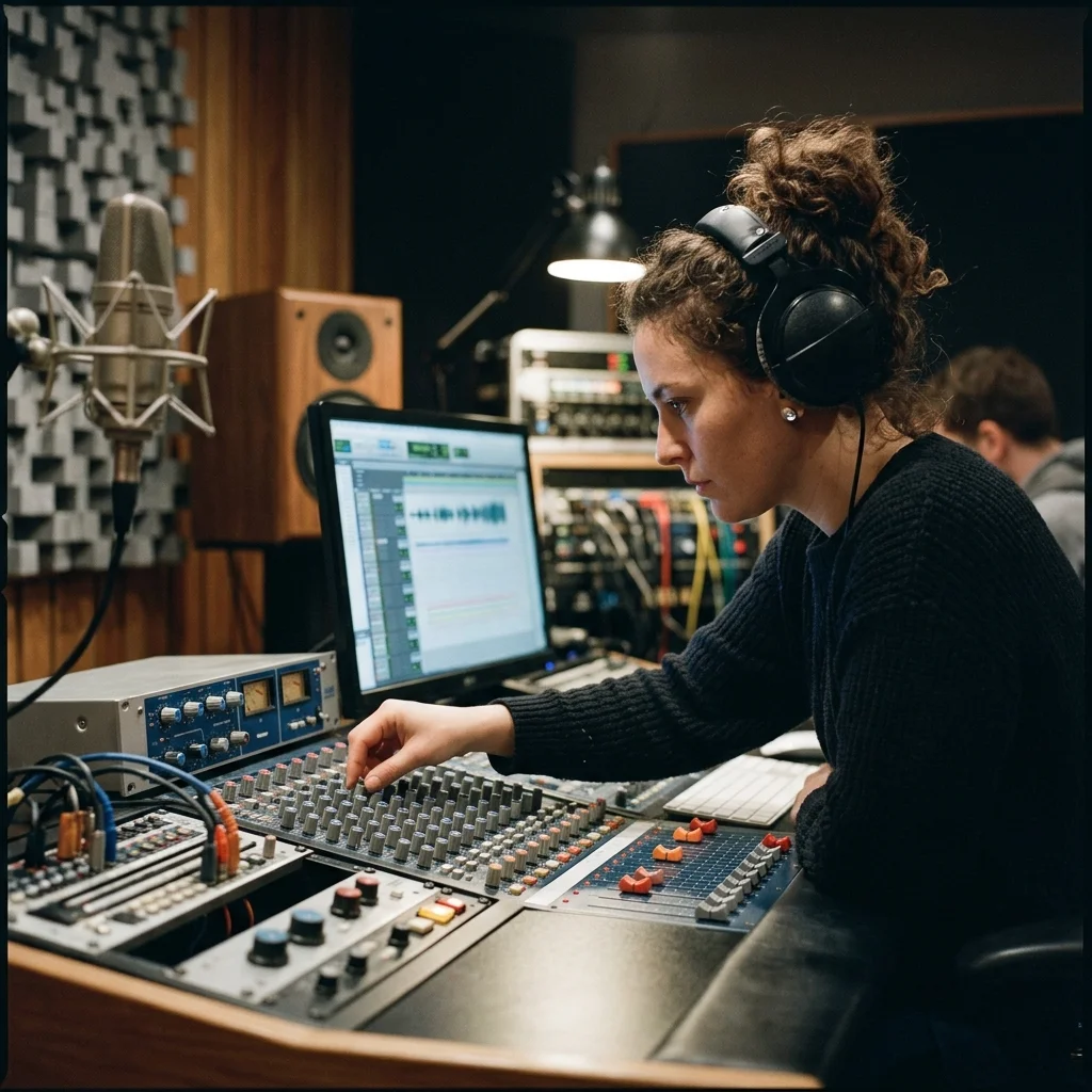 Audio engineer separating vocal and instrumental stems in a clean studio
