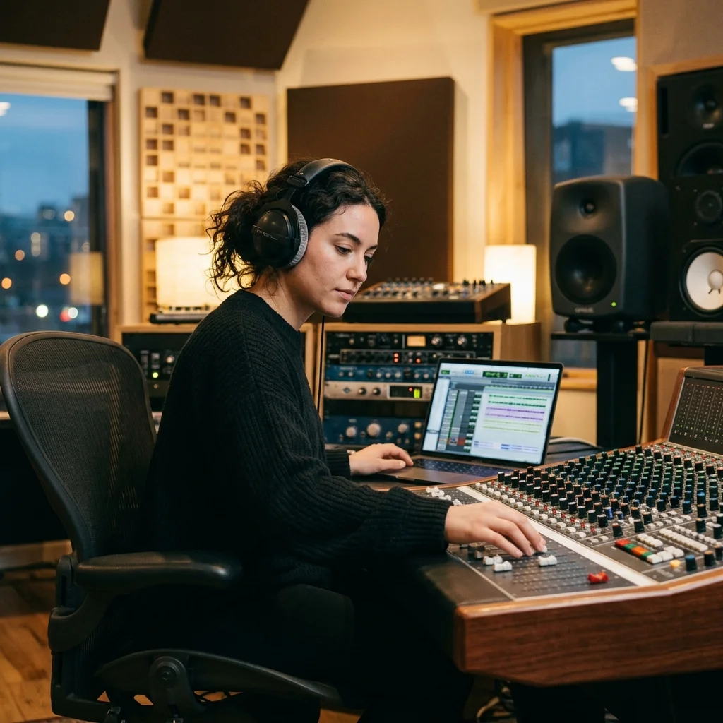 Sound designer analyzing BPM key and pitch before editing audio